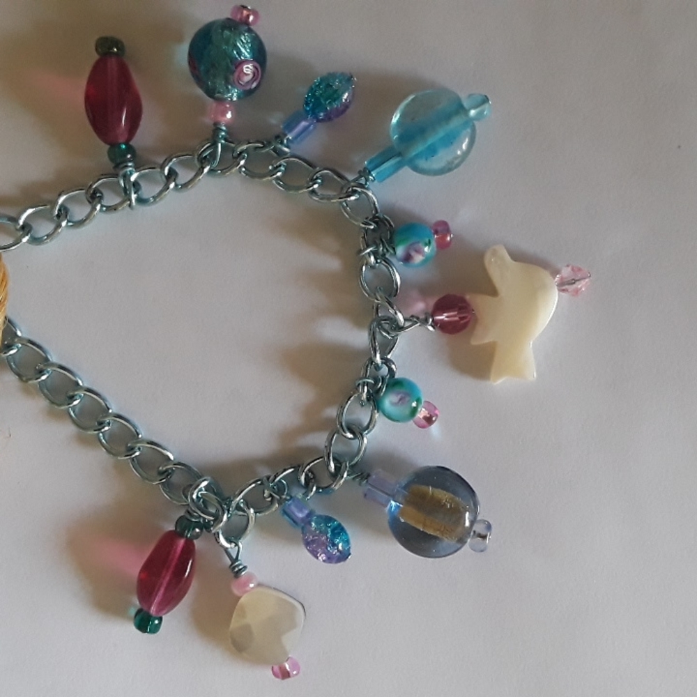 Handmade MOP Charm bracelet OOAK vintage glass beads and MOP shell beads Dove